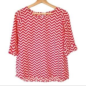 Womens Chevron Red Cream Blouse size Small 3/4 Sleeve Lightweight
